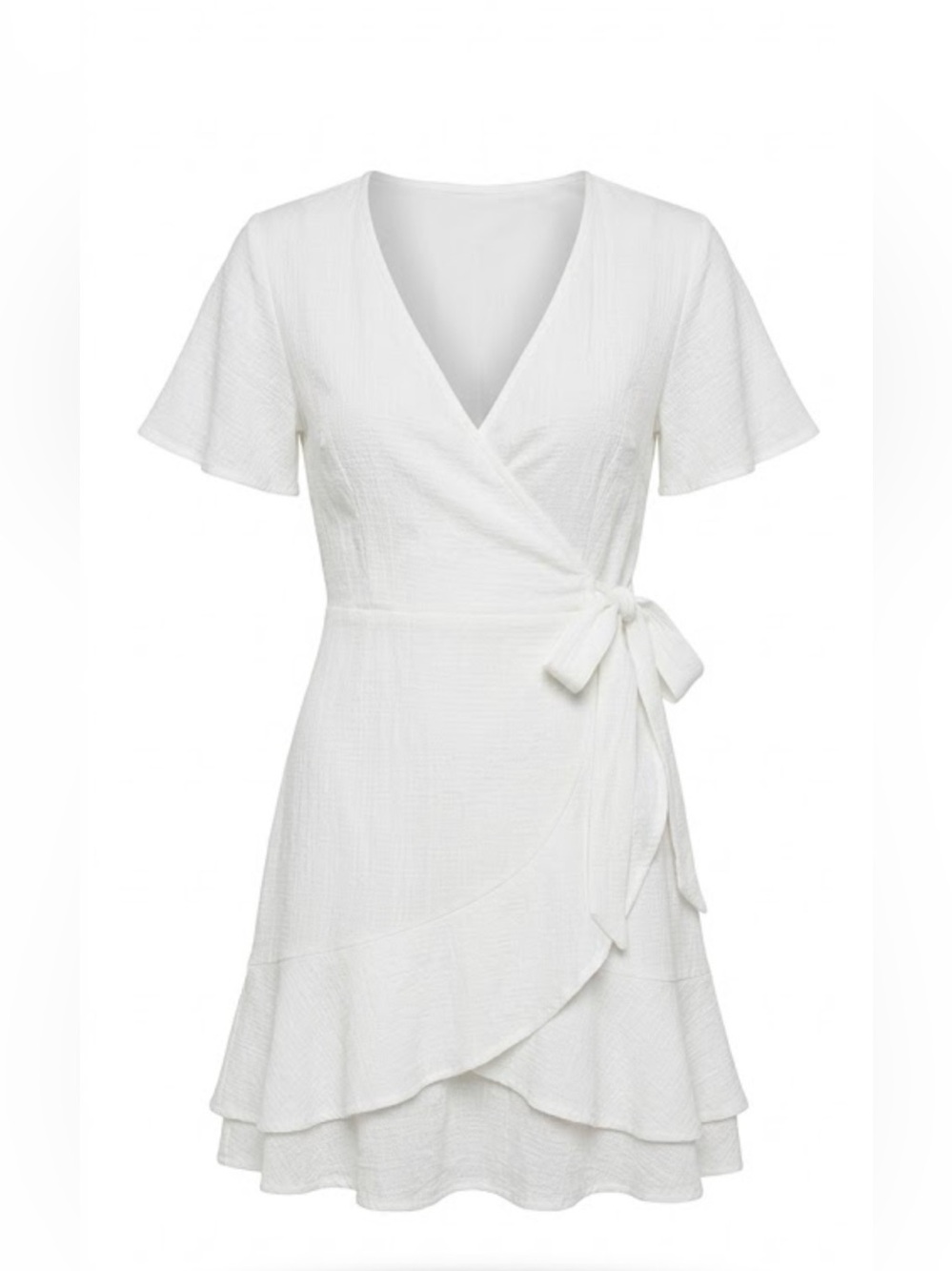 White Gauze Faux Wrap Mini Dress with Ruffle Hem and Flutter Sleeves